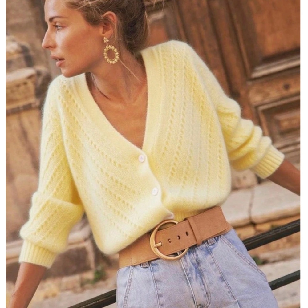 V-Cut Buttoned Down Yellow Knit Cardigan Textured, Long Sleeve
